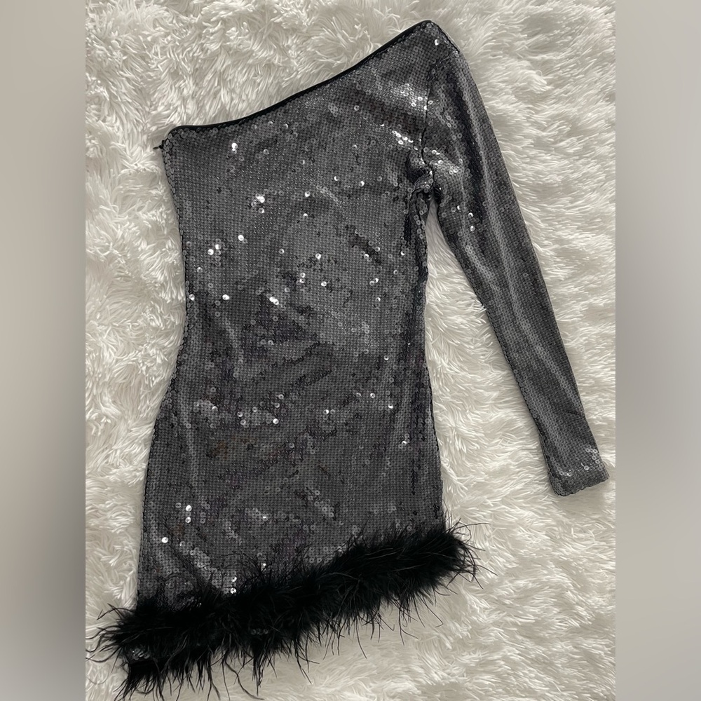 Superdown Metallic One-Shoulder Dress with Feather Trim
